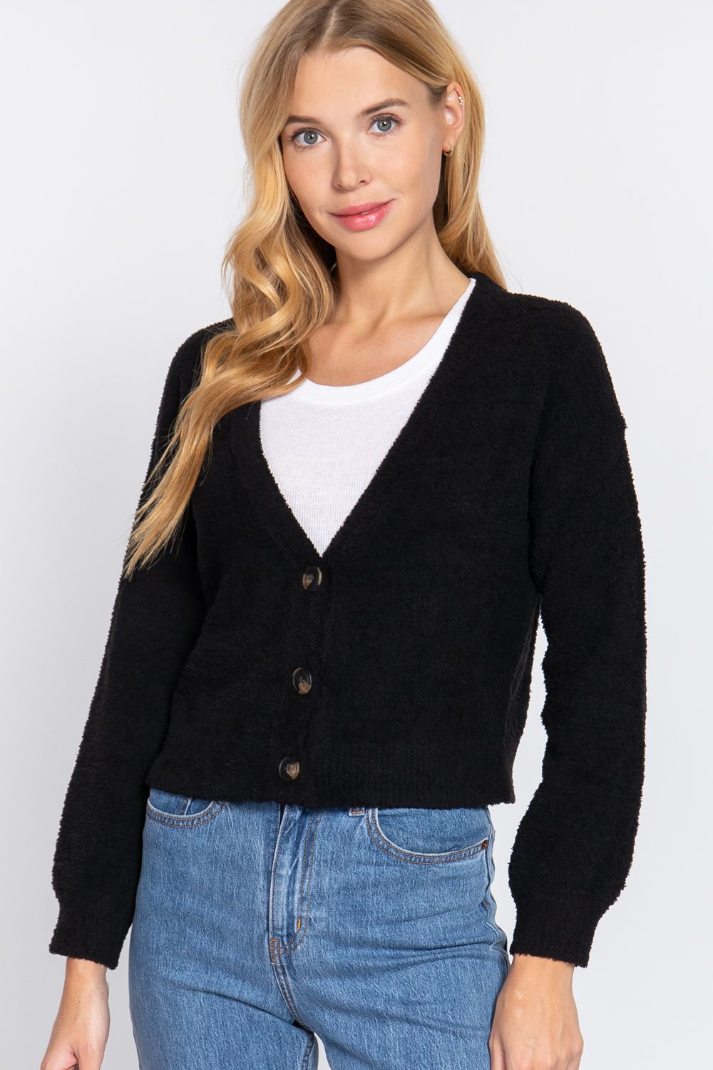 Active USA - LONG SLV V-NECK SWEATER CARDIGAN - SW13247, Color: BLACK, Size: S