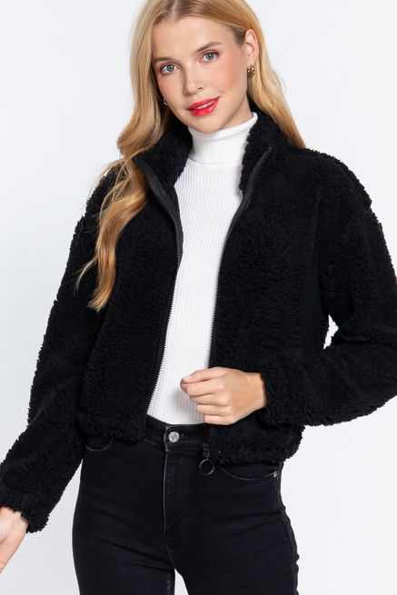 Active USA - Long Slv Faux Fur Zip-up Jacket - J12573, Color: BLACK, Size: S