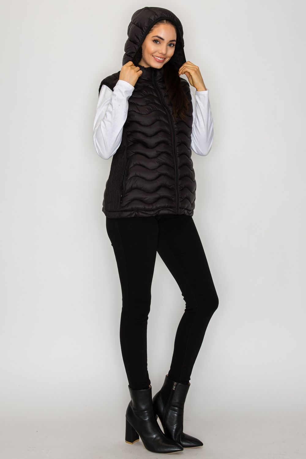 Patroncito - Women's Sherpa Puffer Hooded Vest - V390, Color: BLACK, Size: S