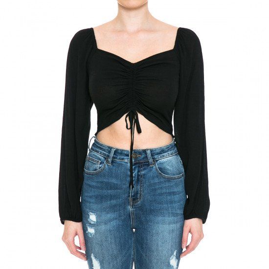 Ambiance - Women's Smocked Back LS Crop Top - 73251, Color: Black, Size: S