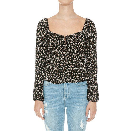 Ambiance Ditsy Floral Print Long Sleeve Peasant - 74707-1, Color: BLACK, Size: S