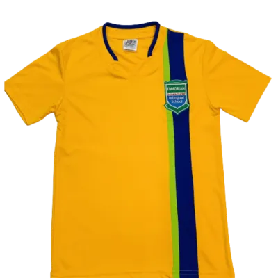 T-Shirt oficial EBS Academy – Emadrian Bilingual School Bayamón, camiseta amarilla cuello V con escudo institucional, uniform