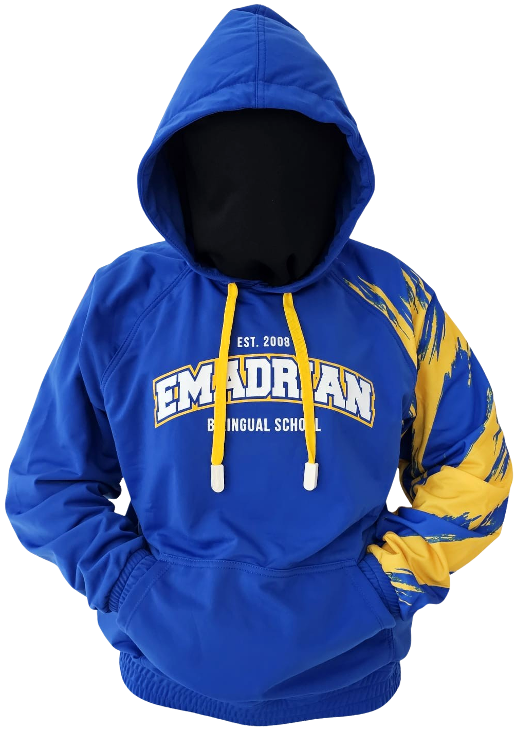 Hoodie oficial EBS Academy – Emadrian Bilingual School Bayamón, azul y amarillo con logo EST. 2008, uniforme escolar