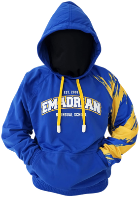 Hoodie oficial EBS Academy – Emadrian Bilingual School Bayamón, azul y amarillo con logo EST. 2008, uniforme escolar