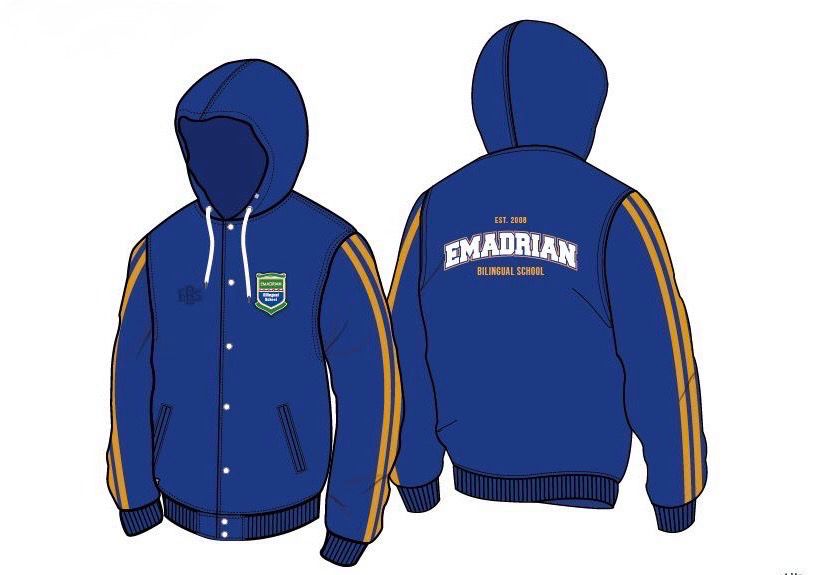 chaqueta azul y dorado de botones, uniforme de emadrian bilingual school de prekinder hasta duodecimo grado