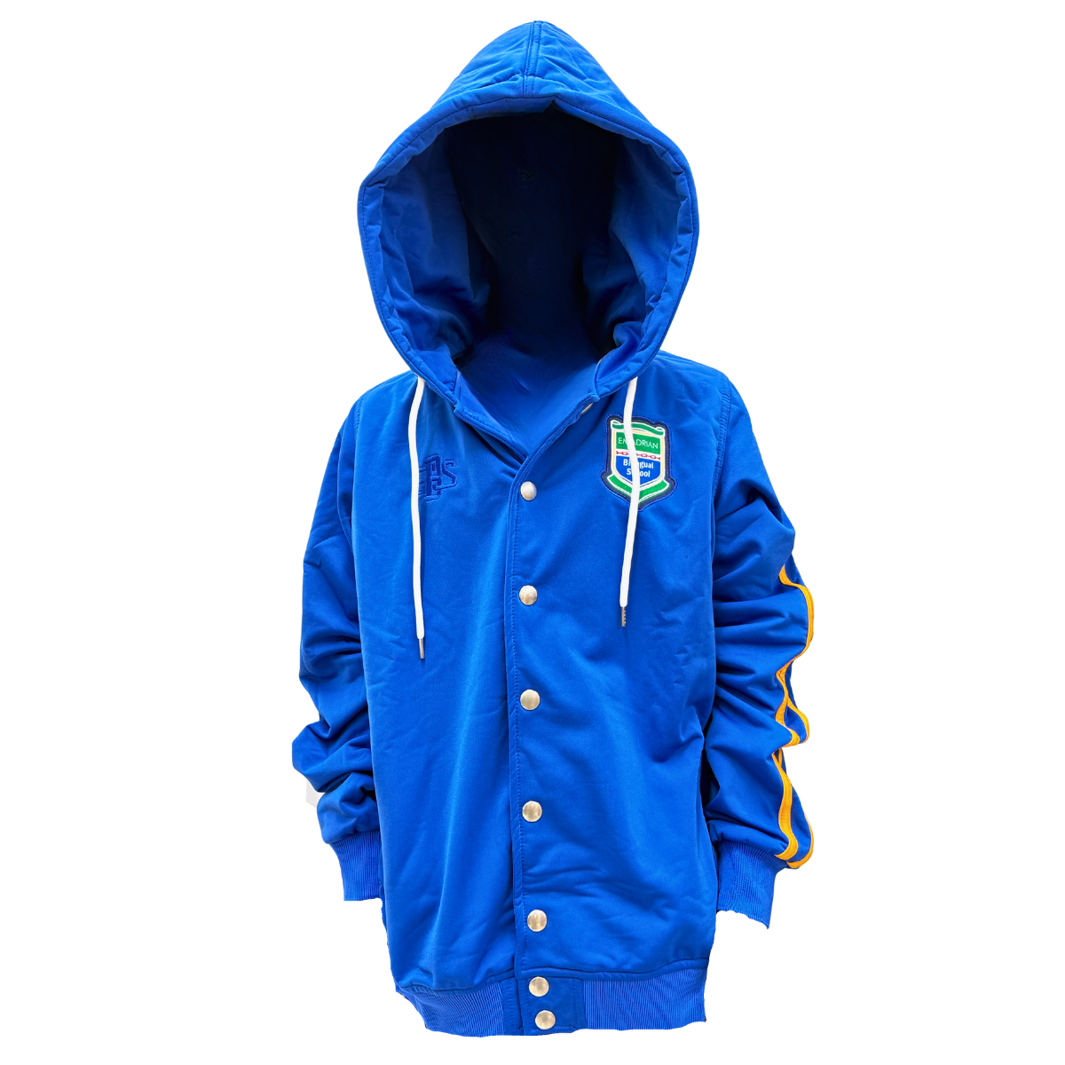 chaqueta azul y dorado de botones, uniforme de emadrian bilingual school de prekinder hasta duodecimo grado