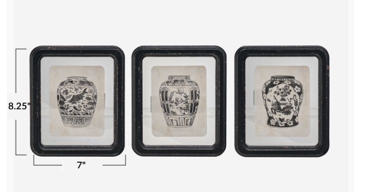 Black Chinoserie Vase Floating Glass Prints Set/3