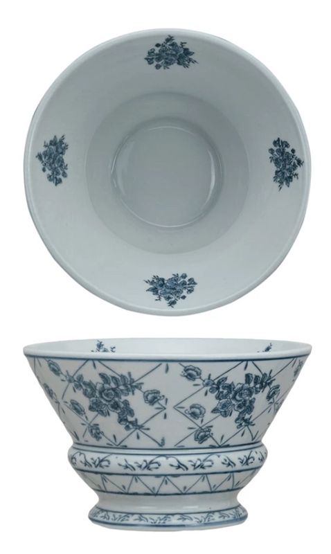 Blue White Ceramic Bowl w Pedestal