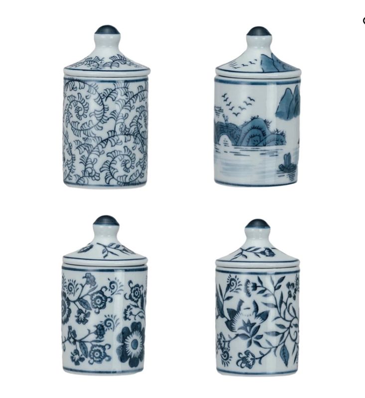 Blue White Spice Jars w Seal Set/4