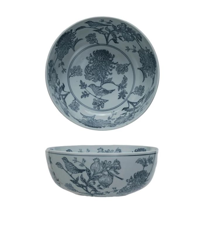 Blue White Stoneware Bowl w Birds
