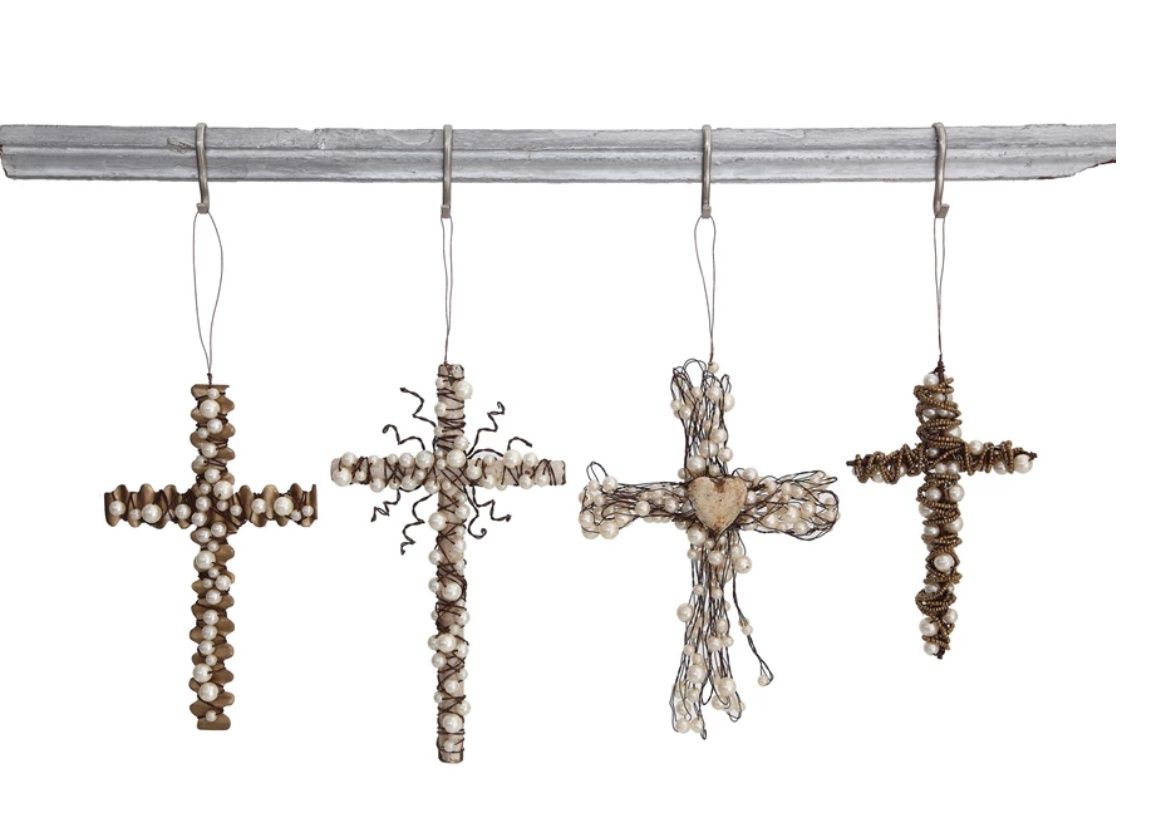Metal Wire Pearl Cross Ornament