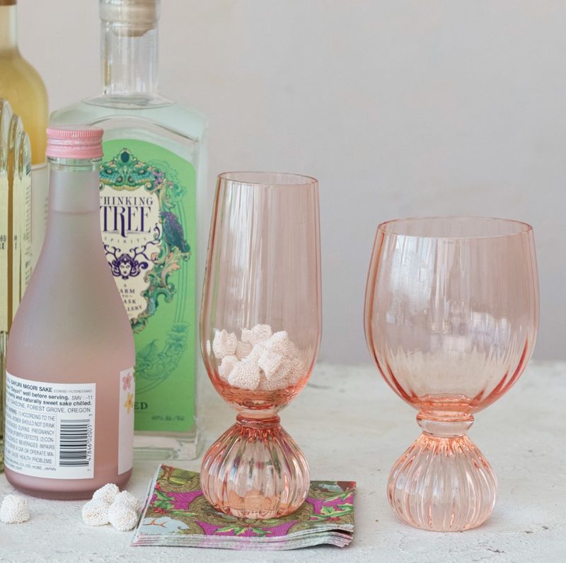Pink Ribbed Footed Glass