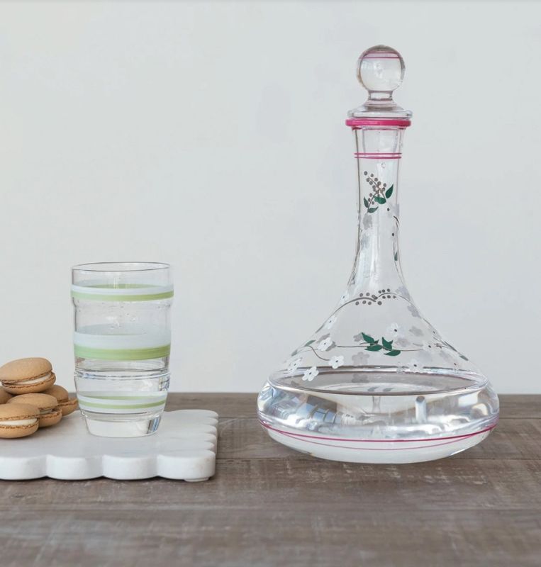Glass Decanter w Pink White Flowers