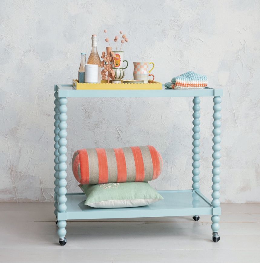 Lacquered Aqua Blue 2-Tier Bar Cart