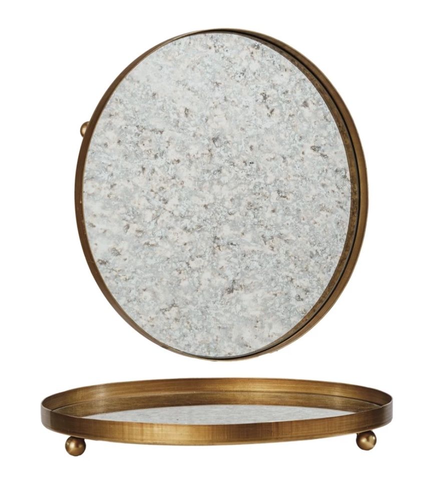 Round Metal Footed Antiqued Mirror Tray