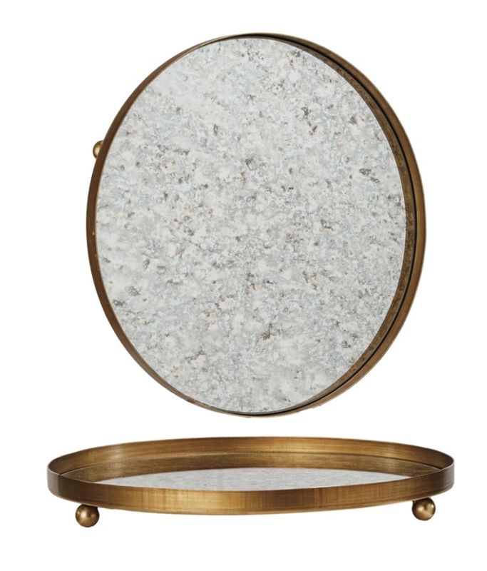 Round Metal Footed Antiqued Mirror Tray