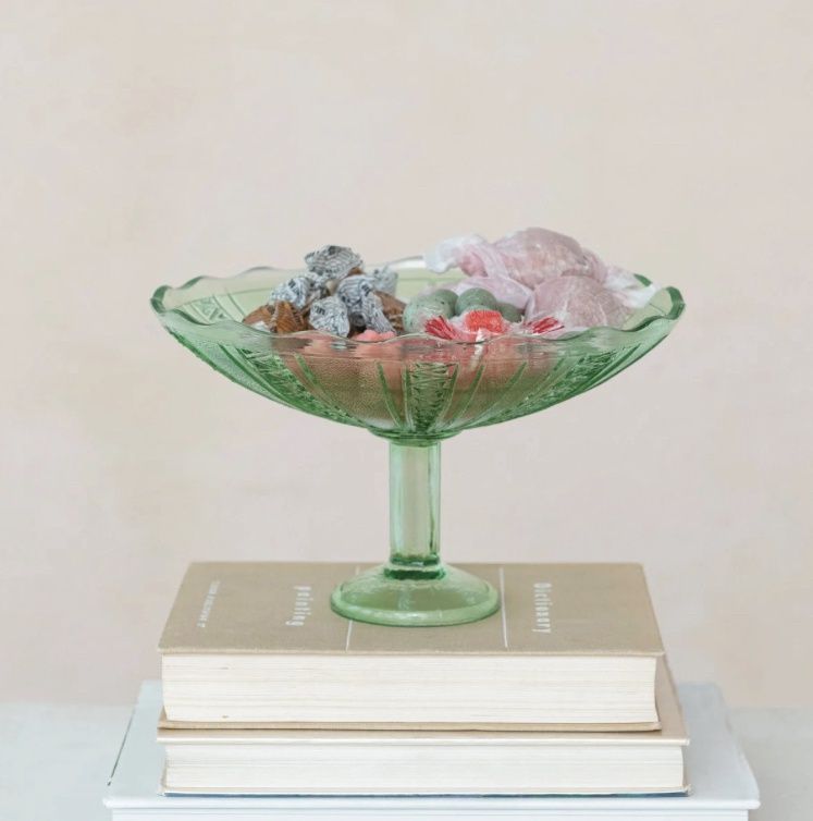 Green Cut Glass Scalloped Pedestal