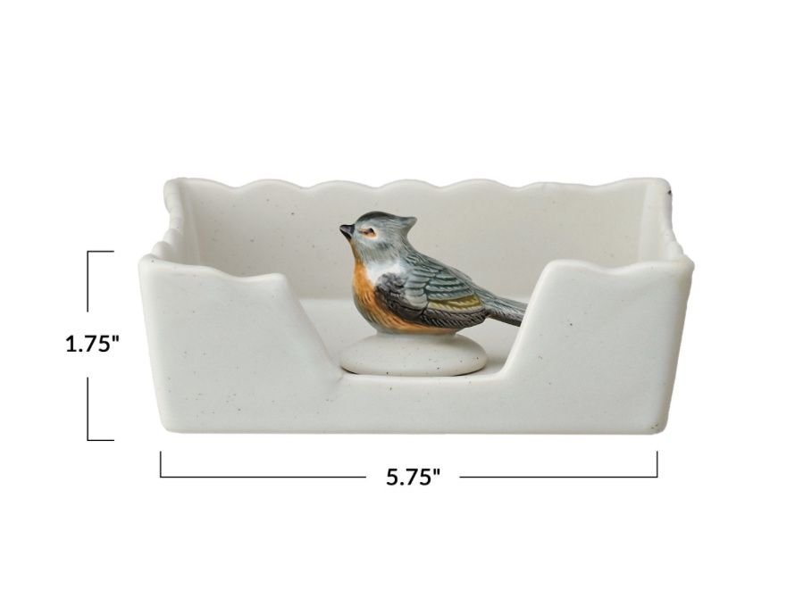 Stoneware Napkin Holder w Bird Weight