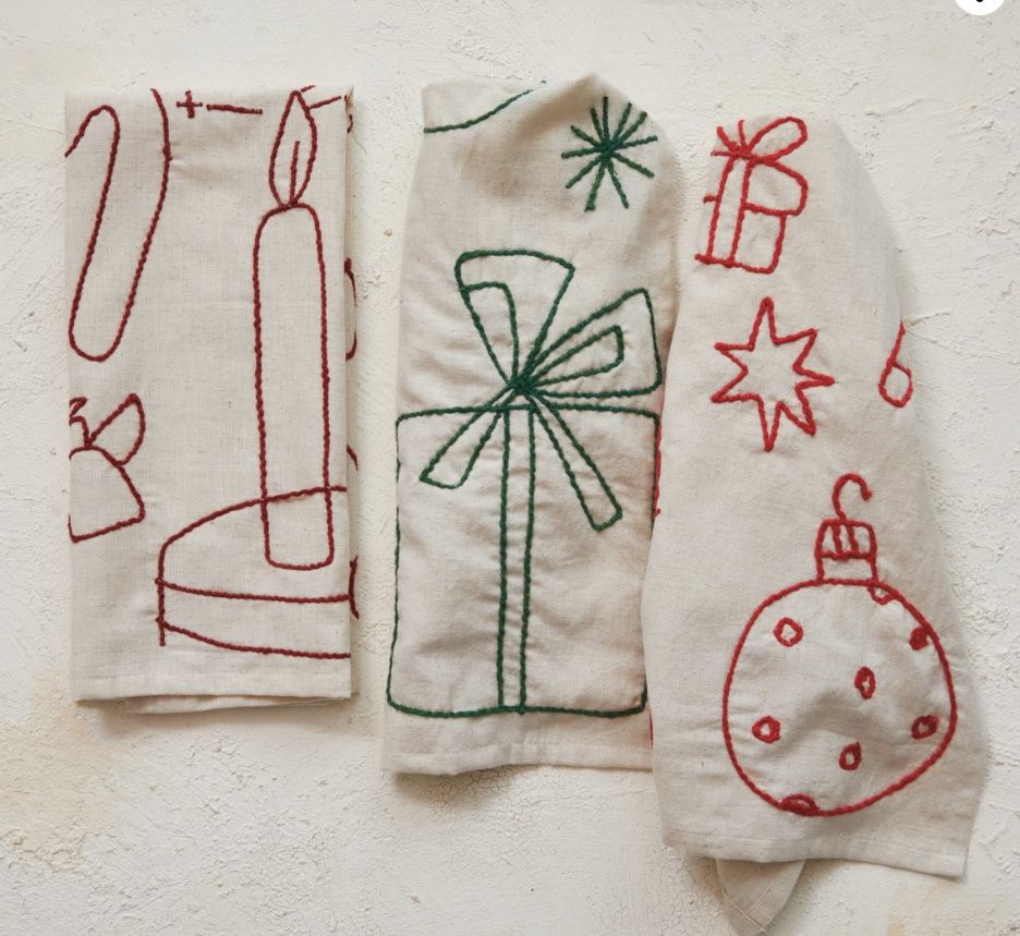 Embroidered Linen and Cotton Tea Towel