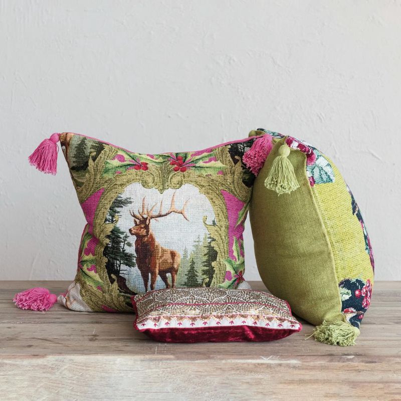 Linen Blend Pillow with Deer, Holly, and Tassels