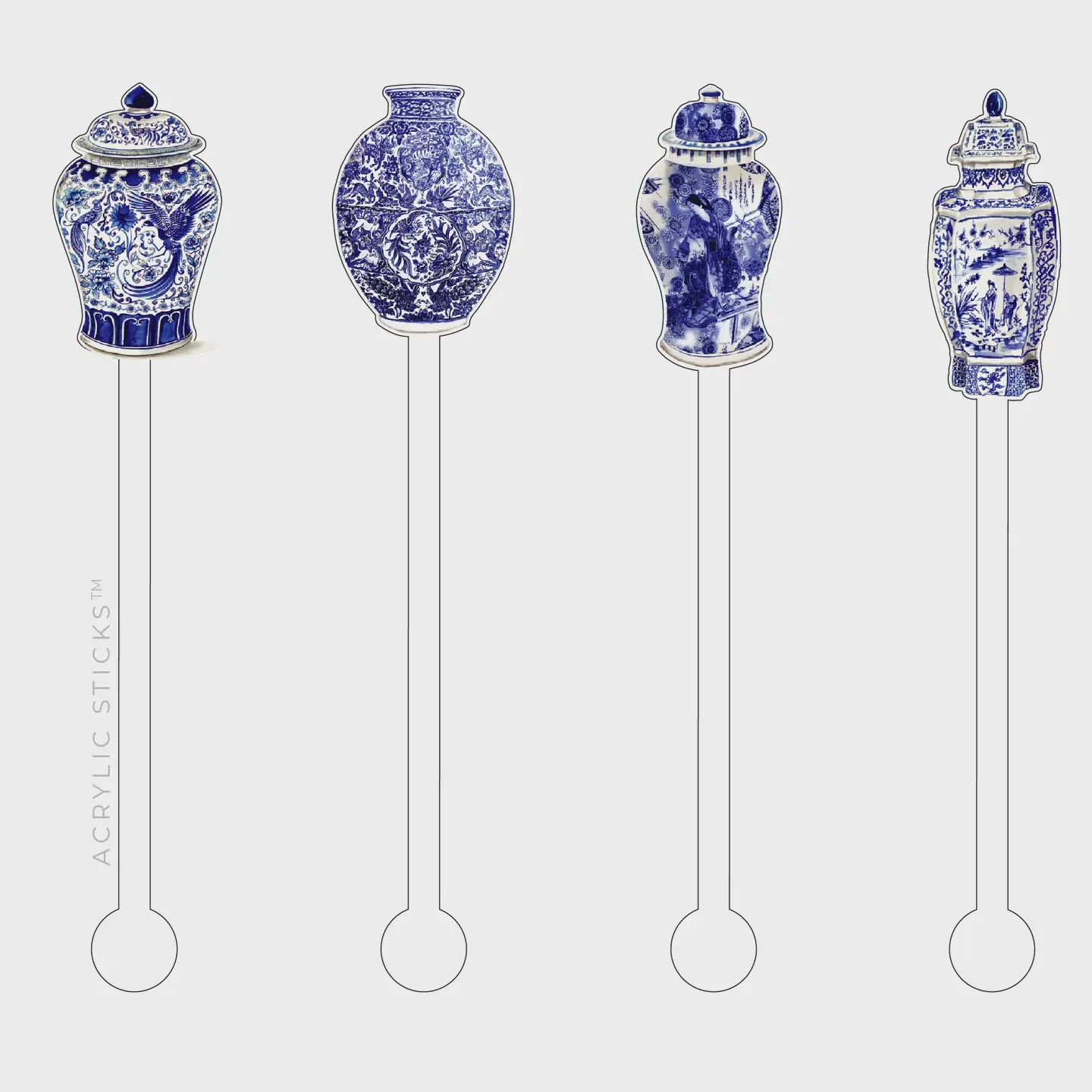 Blue and White Ginger Jar Acrylic Stir Sticks