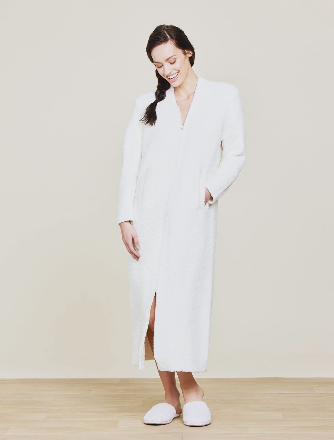 CozyChic Full Zip V-Neck Lounger, Color: Cream, Size: XXS-XS