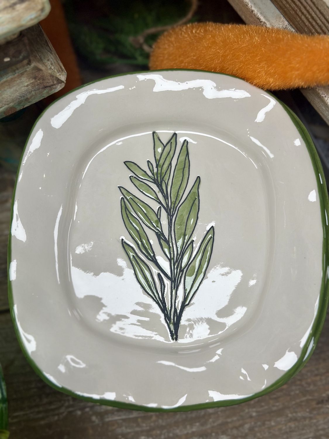 Hand-Painted Vegetable Herb Plate, Design: Basil
