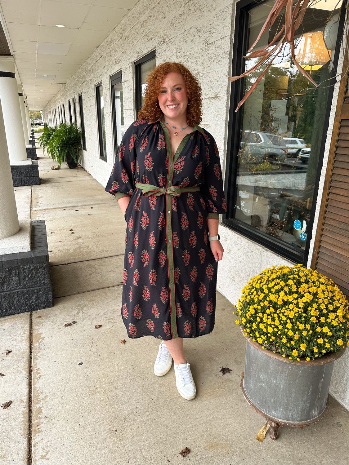 Black Collared Floral Midi Dress