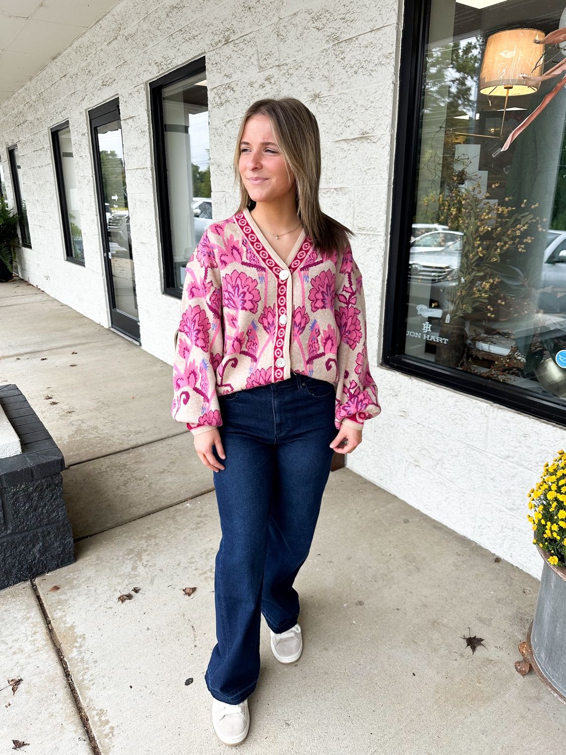 Pink Floral V-Neck Sweater