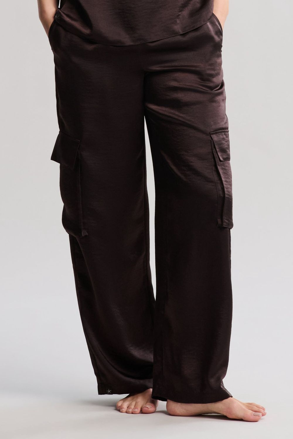 Brown Satin Wide Leg Cargo Pant