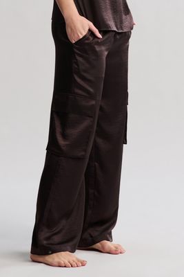 Brown Satin Wide Leg Cargo Pant