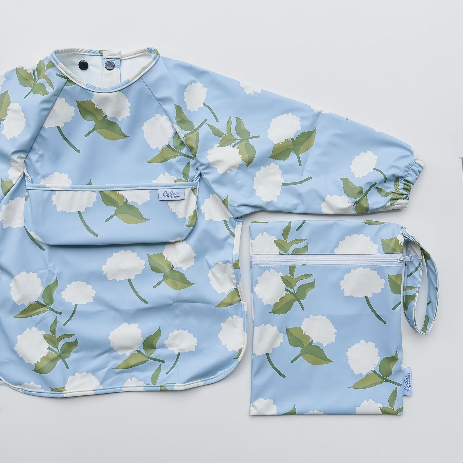 The Grayson Long Sleeve Bib - Hydrangeas, Color: Blue