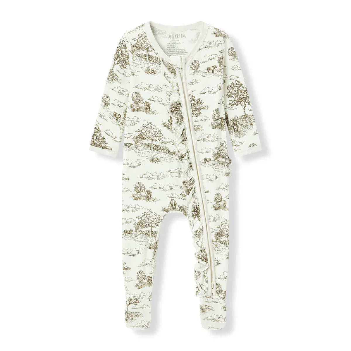 Country Toile Luxe Ruffle Footed Romper, Size: 0-3M