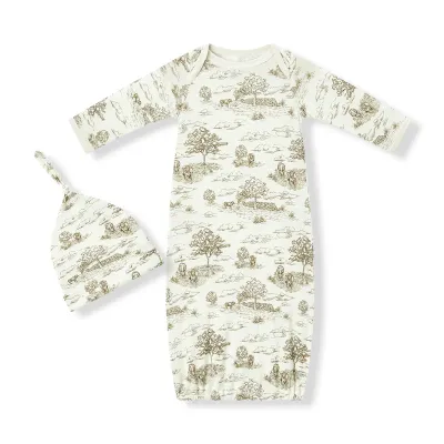 Country Toile Newborn Gown &amp; Hat Set