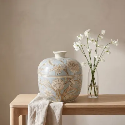 White and Light Blue Botanical Jar