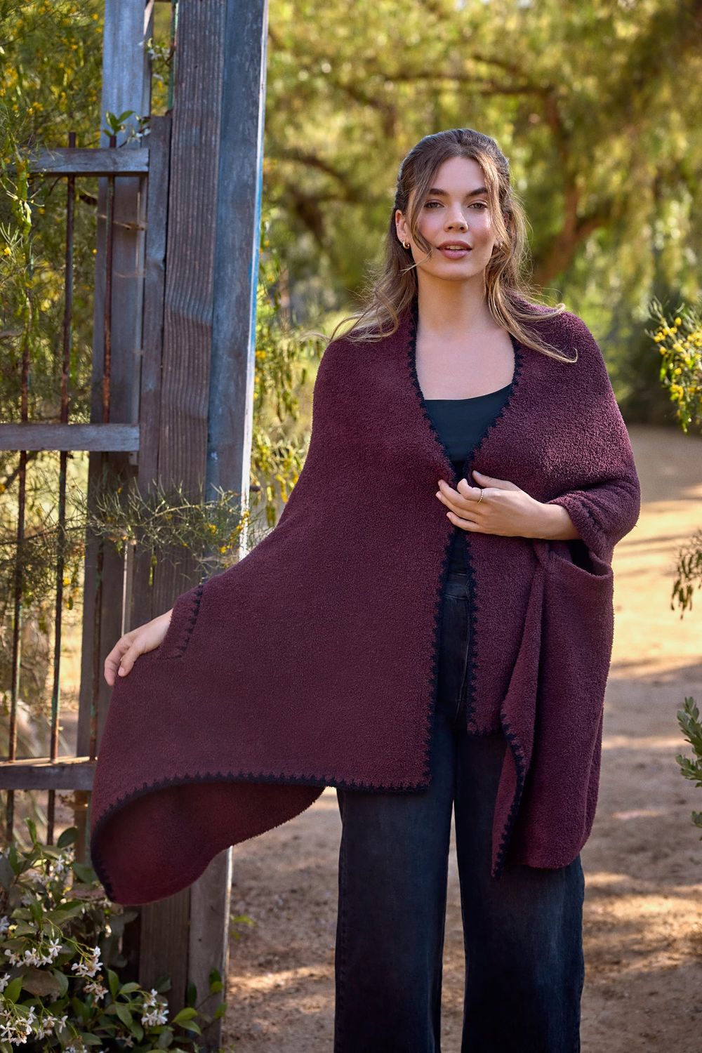 CozyChic Blanket Stitch Wrap, Color: Deep Garnet/Black