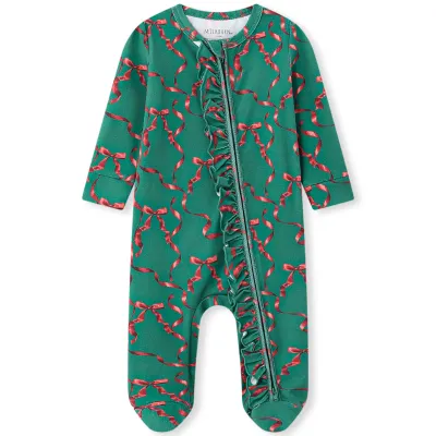 Holiday Ribbon Ruffle Footed Romper