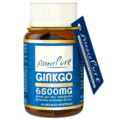 Ginkgo 40 gélules, extrait sec 50:1 de feuilles de Ginkgo biloba, complément alimentaire végétal concentré