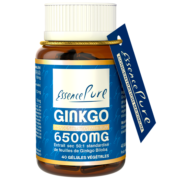 Ginkgo 40 gélules, extrait sec 50:1 de feuilles de Ginkgo biloba, complément alimentaire végétal concentré