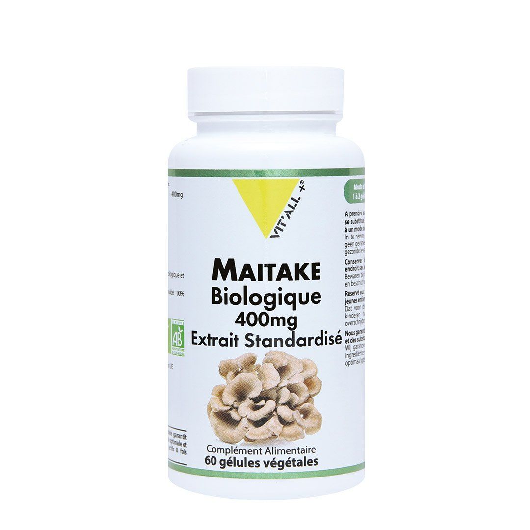 Maitake VIT'ALL+ 60 gélules extrait biologique standardisé de Grifola frondosa riche en polysaccharides et bêta-glucanes.