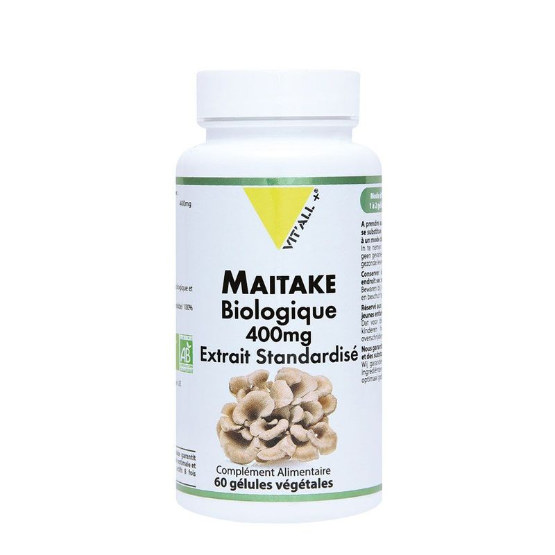 Maitake VIT'ALL+ 60 gélules extrait biologique standardisé de Grifola frondosa riche en polysaccharides et bêta-glucanes.