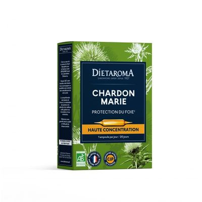 Chardon Marie 20 ampoules Bio chardon marie bio 20 ampoules silybum marianum complement alimentaire dietaroma herboristerie cousin wiame wattrelos