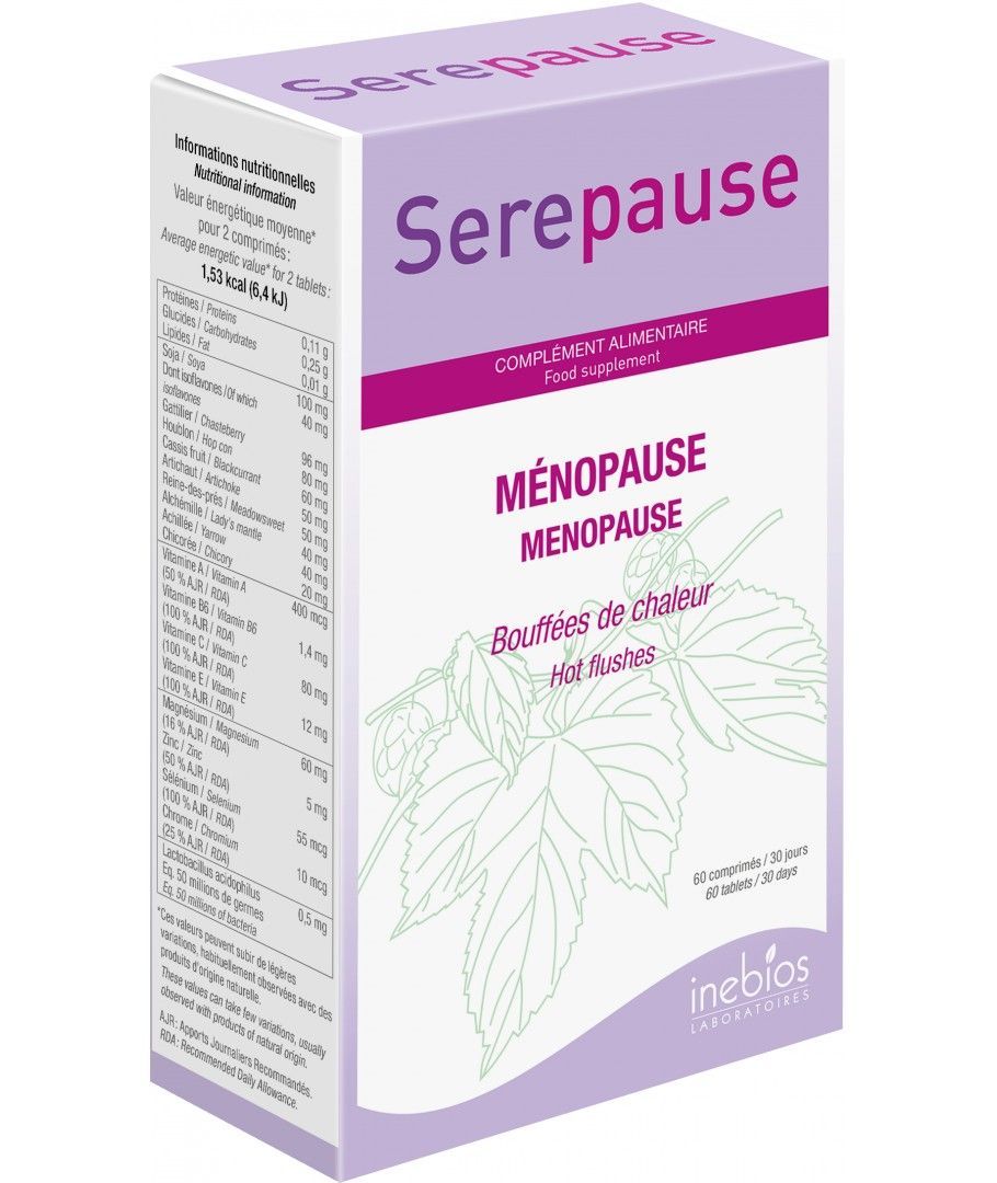 Serepause 60 comprimés complément alimentaire femmes soja isoflavones gattilier houblon vitamines minéraux ferments lactiques