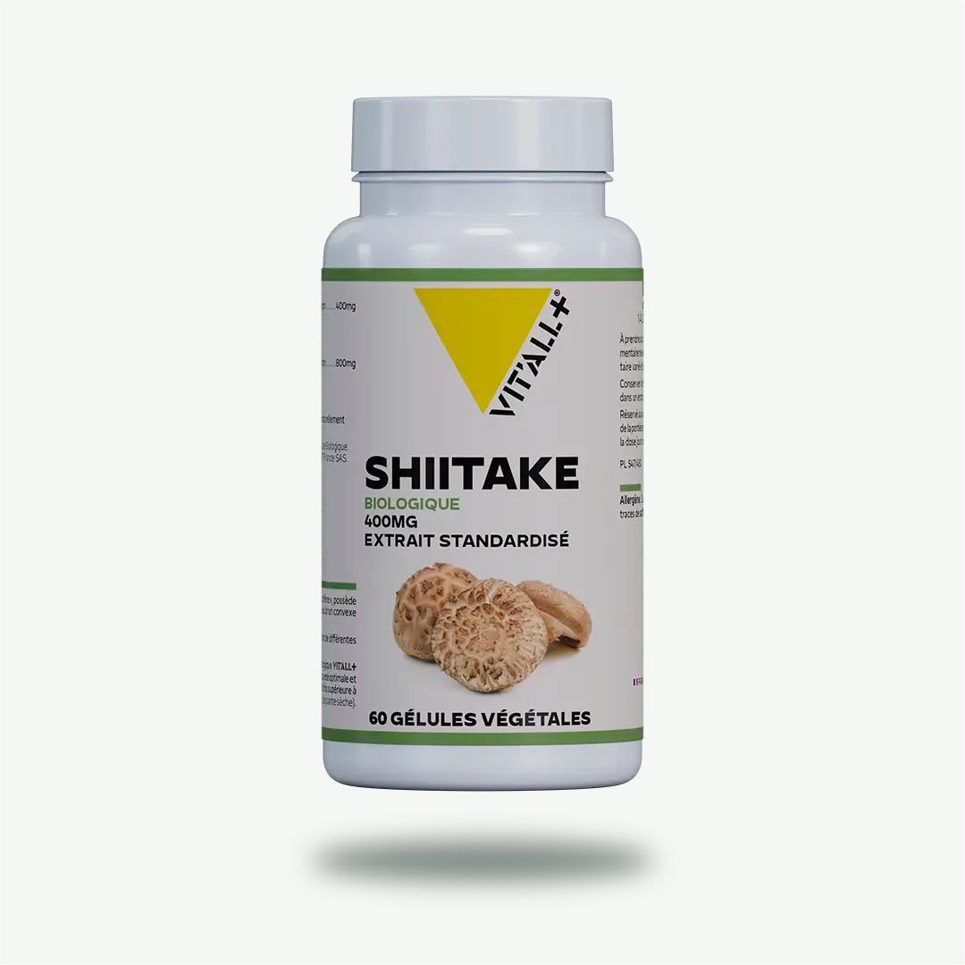 Shiitaké Bio 400 mg – 60 gélules Shiitaké Bio 400 mg Vit’All+ – Extrait de Lentinus edodes 8:1 standardisé à 25 % de ß-(1,3),(1,6)-D-glucanes – 60 gélules
