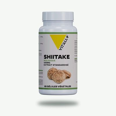 Shiitaké Bio 400 mg – 60 gélules Shiitaké Bio 400 mg Vit’All+ – Extrait de Lentinus edodes 8:1 standardisé à 25 % de ß-(1,3),(1,6)-D-glucanes – 60 gélules
