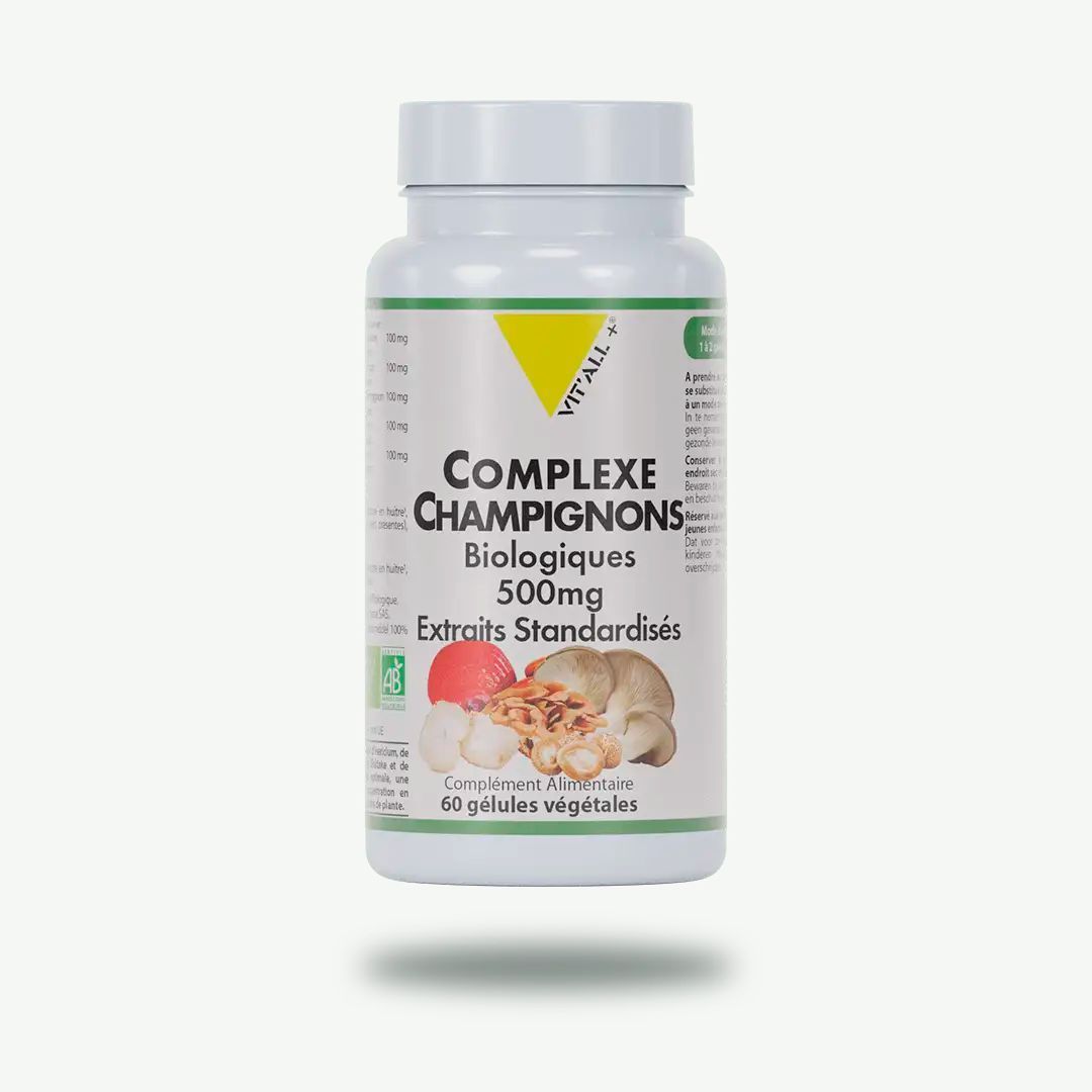 Complexe Champignons Bio 500 mg – 60 gélules Complexe Champignons Bio 500 mg Vit’All+ – Reishi, Hericium, Pleurote, Shiitake et Maitake