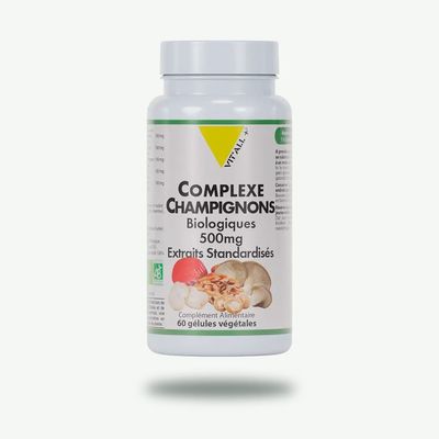 Complexe Champignons Bio 500 mg – 60 gélules Complexe Champignons Bio 500 mg Vit’All+ – Reishi, Hericium, Pleurote, Shiitake et Maitake