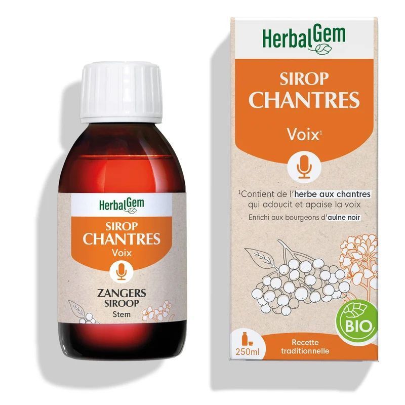 Sirop des Chantres Bio HerbalGem – Voix – 250 ml Sirop des chantres Bio HerbalGem pour la voix à base d'herbes des chantres, miel, aulne noir, citron, flacon de 250 ml