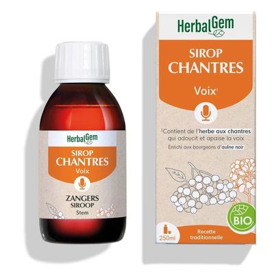 Sirop des Chantres Bio HerbalGem – Voix – 250 ml Sirop des chantres Bio HerbalGem pour la voix à base d'herbes des chantres, miel, aulne noir, citron, flacon de 250 ml