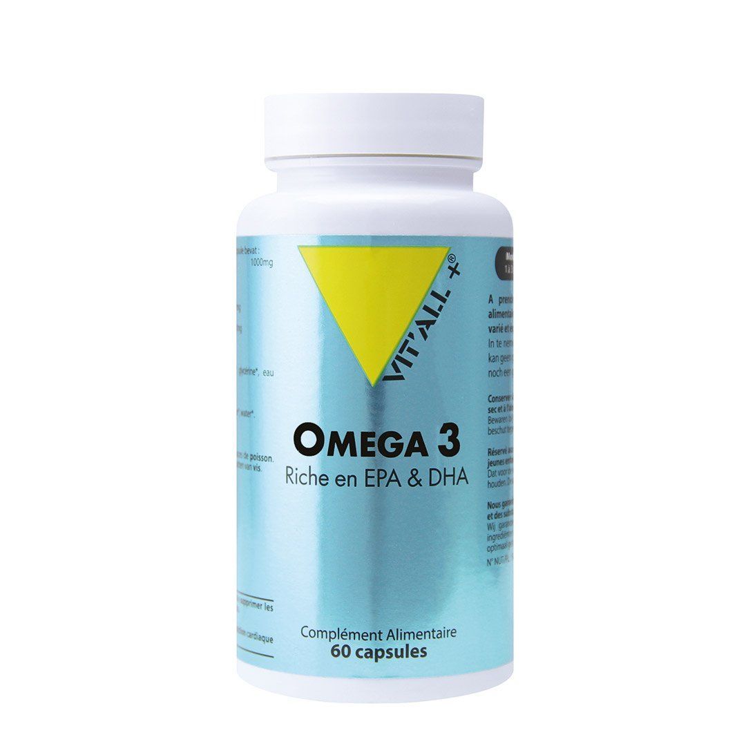 Oméga 3 60 capsules Oméga 3 Vit'All+ 60 capsules riche en EPA DHA huile de poissons purifiée.